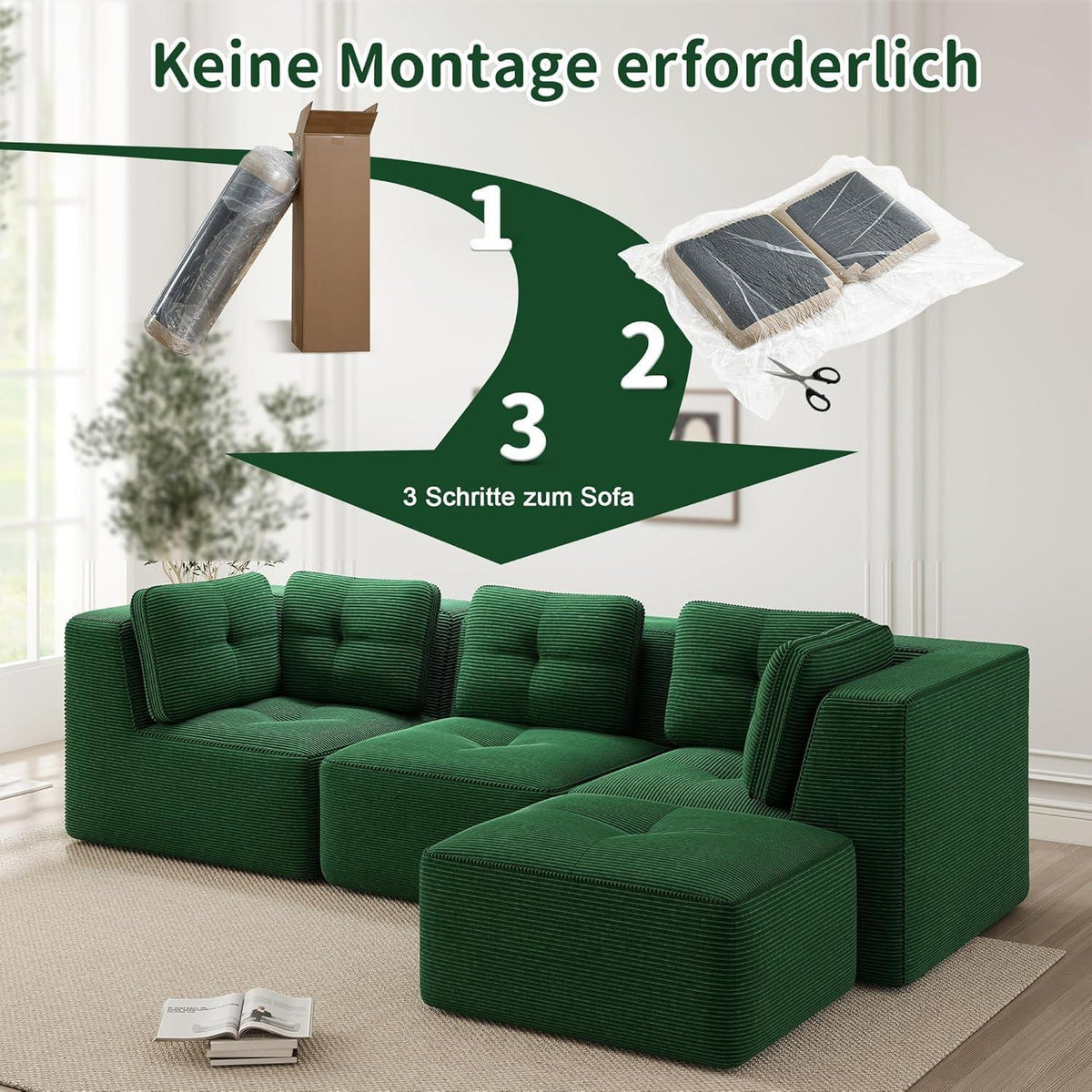 Modulares Ecksofa Grün – Kein Aufbau, Tiefes Cord-Sofa