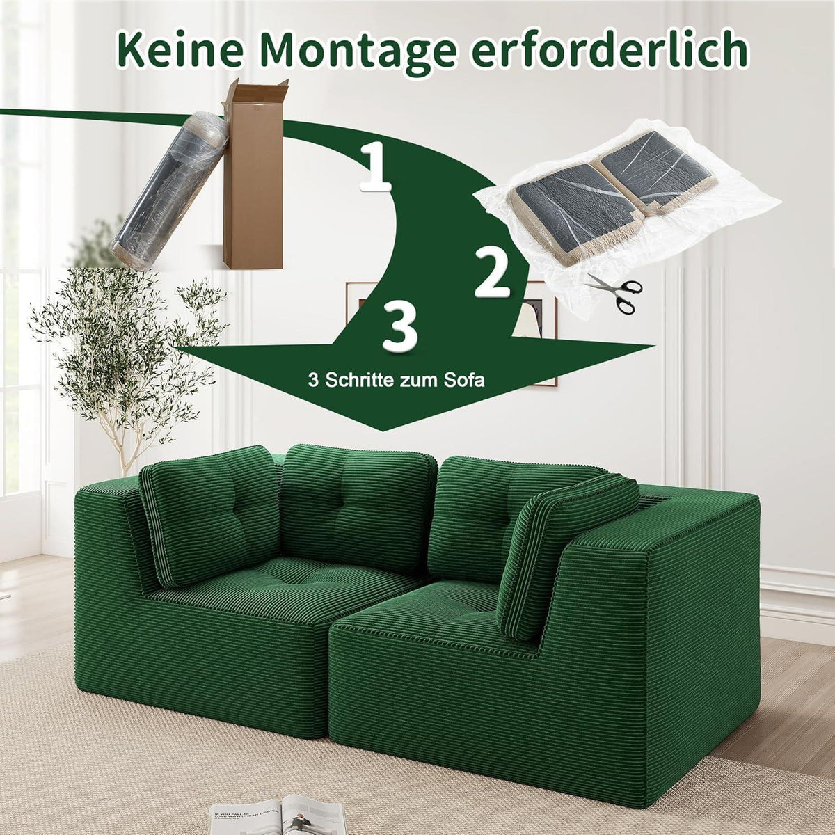 Modulares Ecksofa Grün 2C – Kein Aufbau, Tiefe Sitzfläche