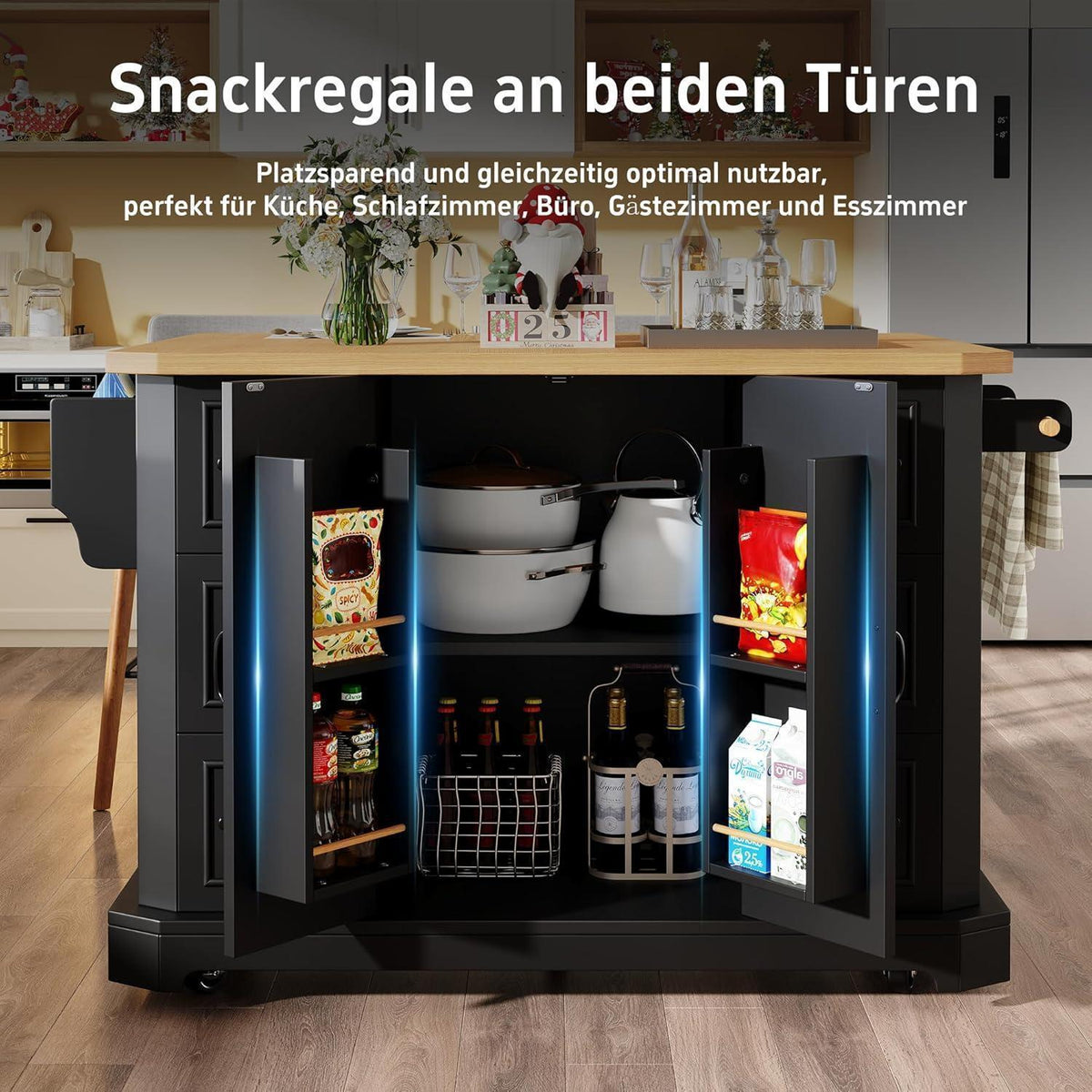 Mobile Kücheninsel mit Arbeitsplatte | 2 Türen & 6 Schubladen Schwarz