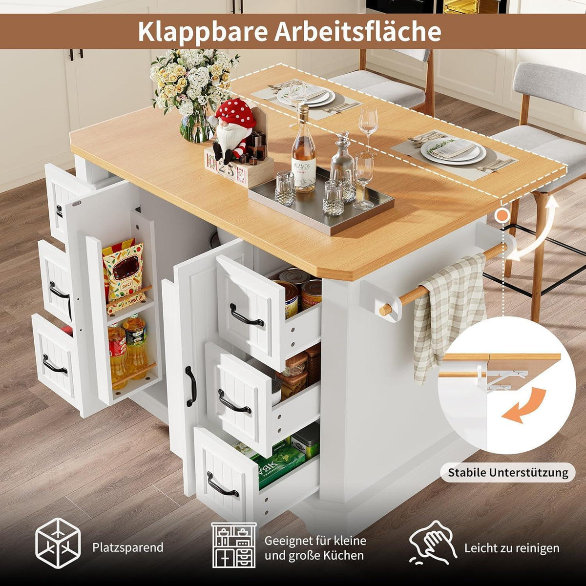 Mobile Kücheninsel Weiß – Ausziehbar mit 2 Türen & 6 Schubladen