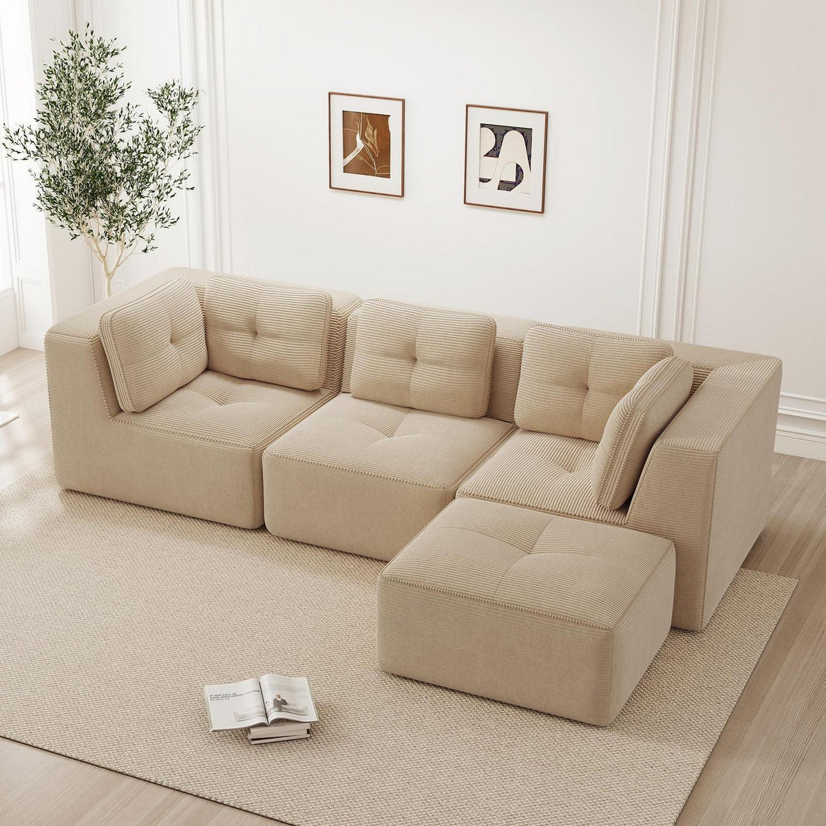 Modulares Ecksofa mit Cord – Bequemes Sofa ohne Aufbau, Beige