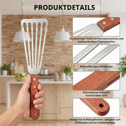 Edelstahl Pfannenwender mit Holzgriff und Schlitzen