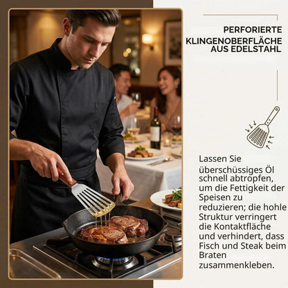 Edelstahl Pfannenwender mit Holzgriff und Schlitzen