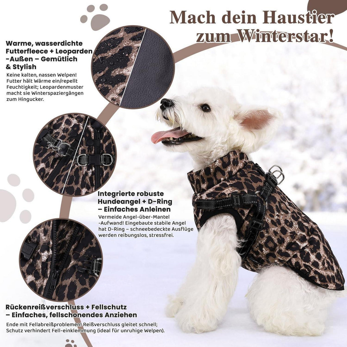 Winter Hundeweste mit Geschirr - Leopard, S