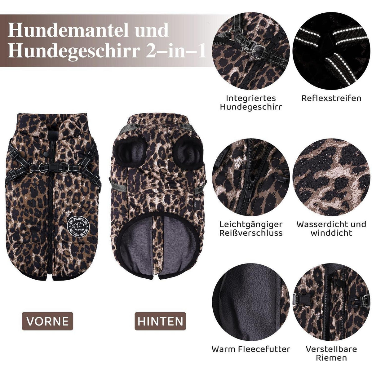 Winter Hundeweste mit Geschirr - Leopard, S