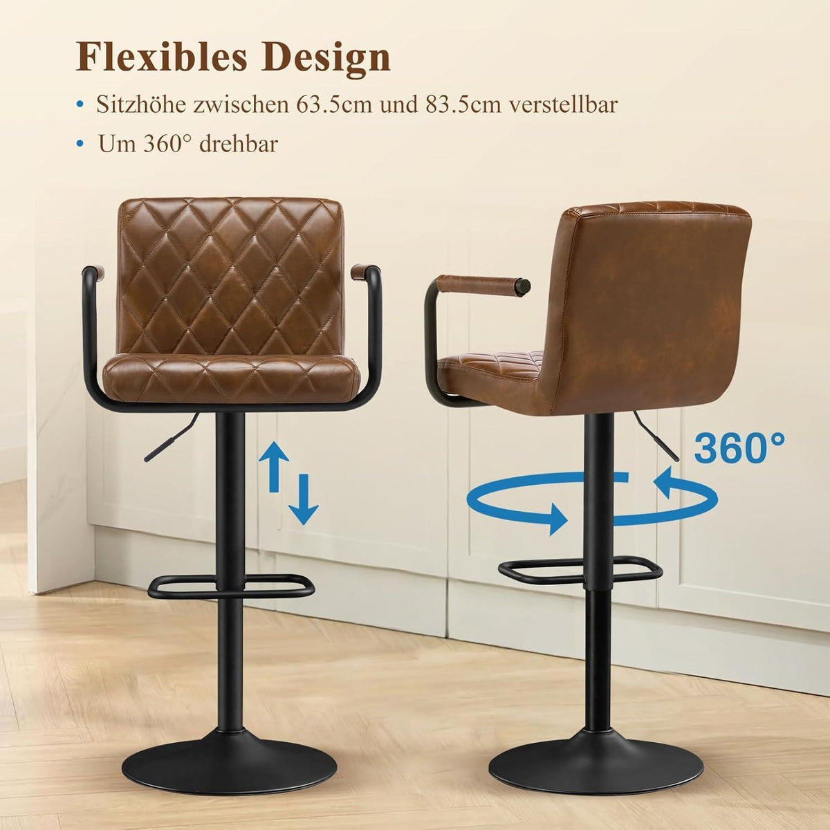 Barhocker 2er Set Höhenverstellbar mit Armlehnen & Fußstütze