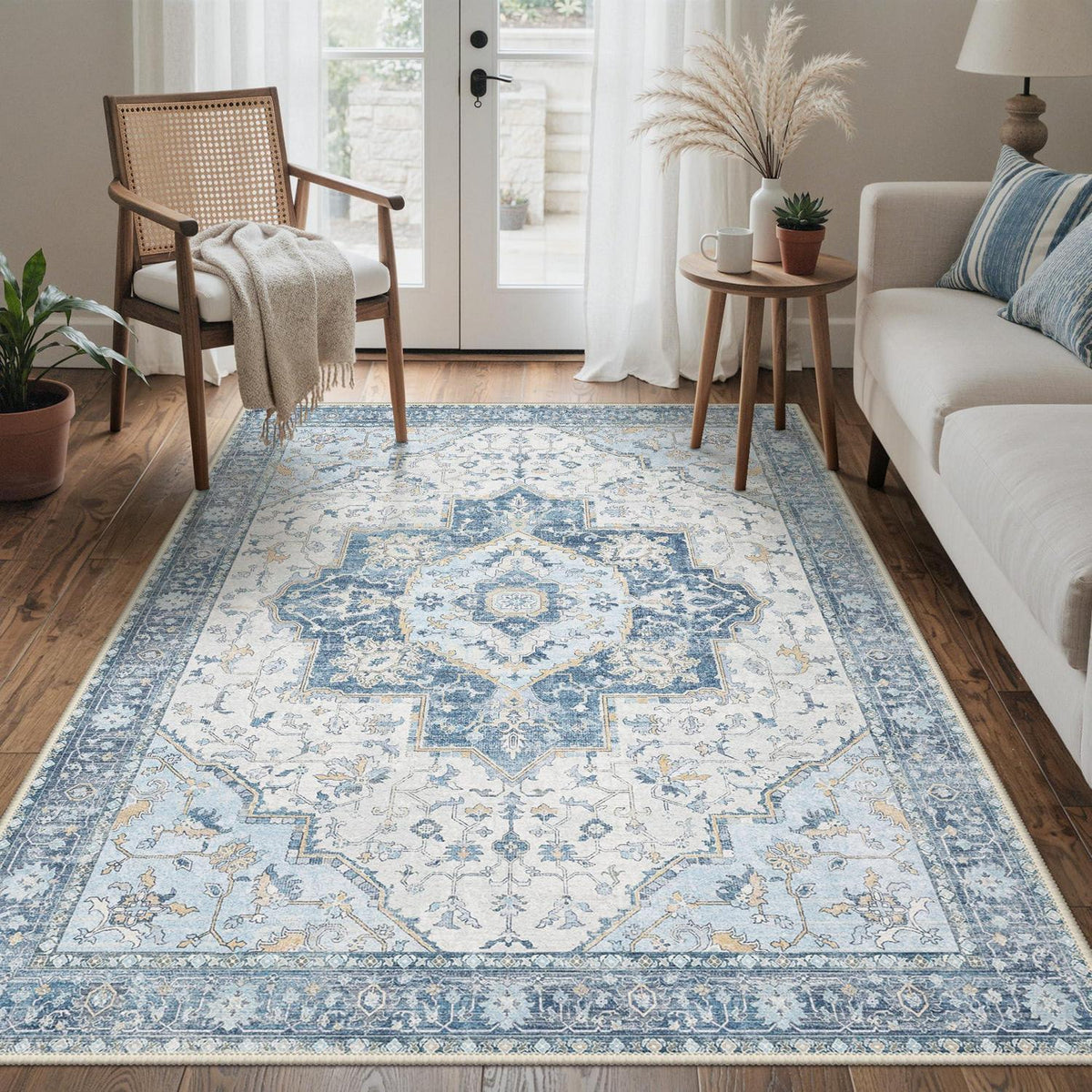 Vintage Teppich Waschbar 160x230cm Hellblau – Wohnzimmer Teppich