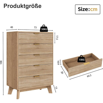 Kommode 5 Schubladen Holz, Landhausstil mit Kippschutz