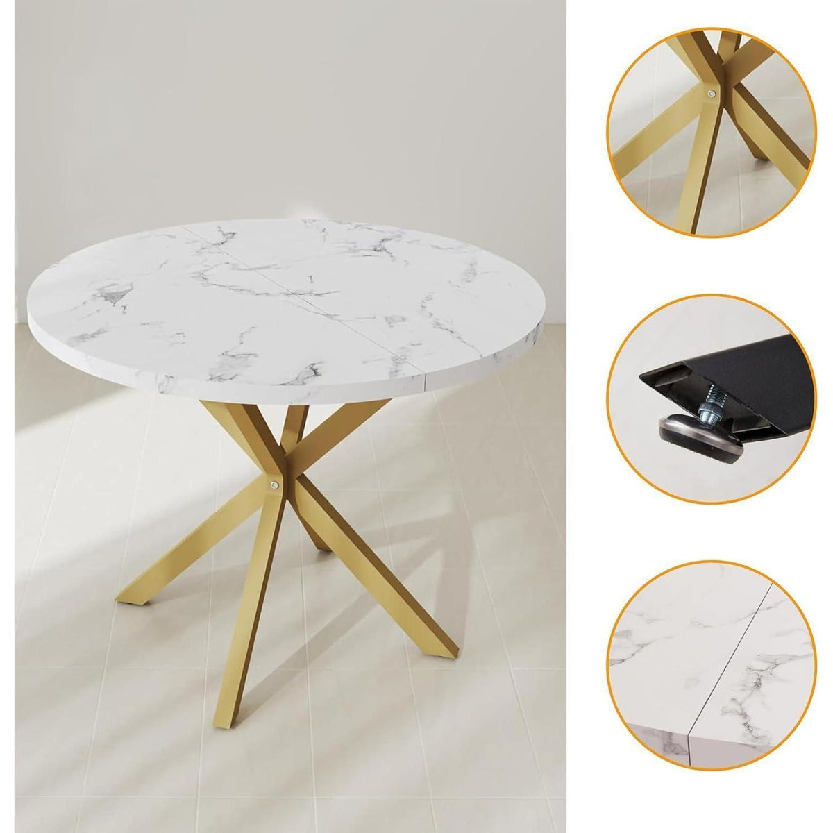 Runder Esstisch Set mit 4 Samtstühlen – Marmor & Gold