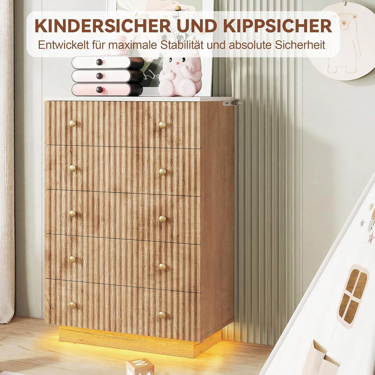 Kommode 5 Schubladen Holz, Landhausstil mit Kippschutz