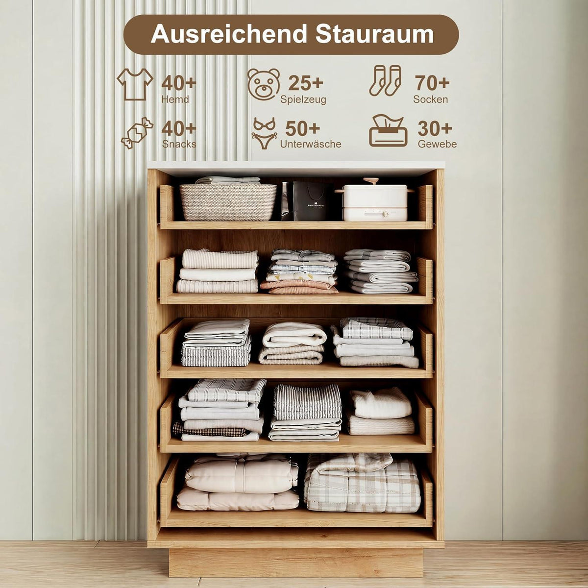 Kommode 5 Schubladen Holz, Landhausstil mit Kippschutz