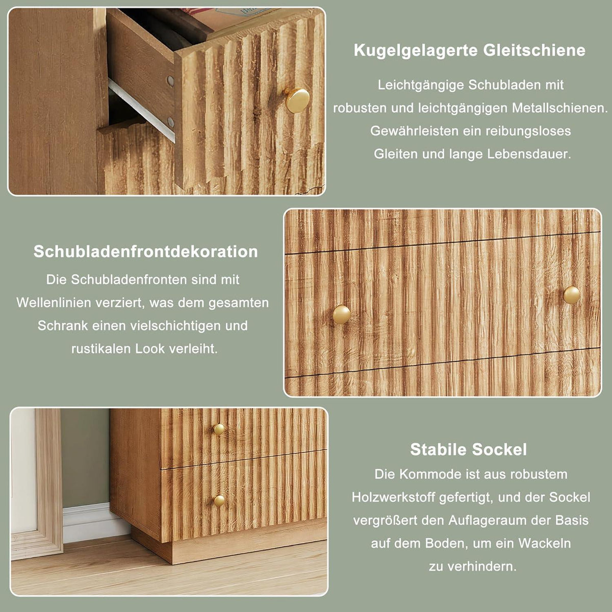 Kommode 5 Schubladen Holz, Landhausstil mit Kippschutz
