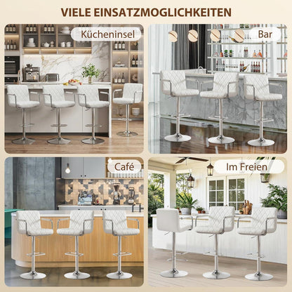 Barhocker Set 2x Höhenverstellbar mit Armlehnen & Fußstütze Weiß