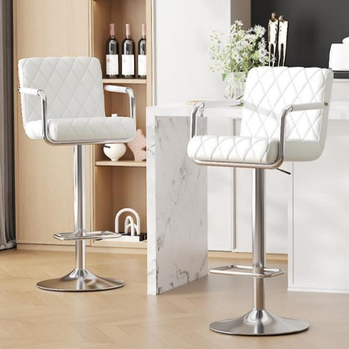 Barhocker Set 2x Höhenverstellbar mit Armlehnen & Fußstütze Weiß