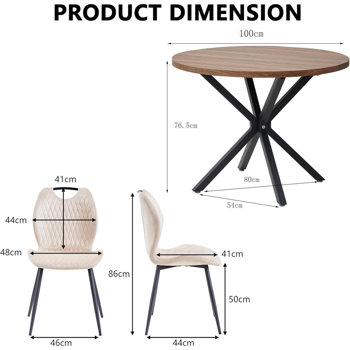 Runder Esstisch Set 100cm mit 4 Samtstühlen Dunkel/Beige