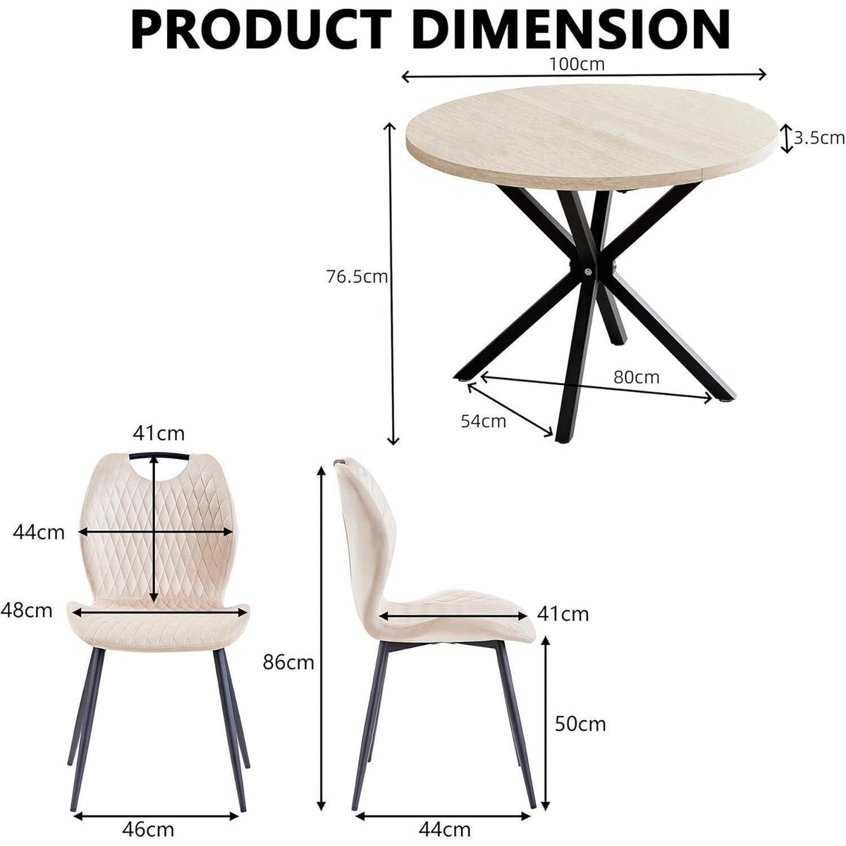 Runder Esstisch Set 100cm mit 4 Samtstühlen – Gelb & Beige