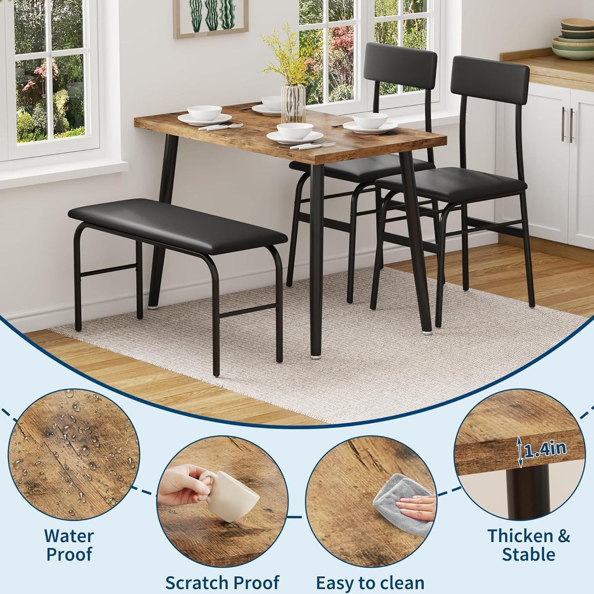 4-teiliges Esszimmer-Set für 4 Personen – Braun