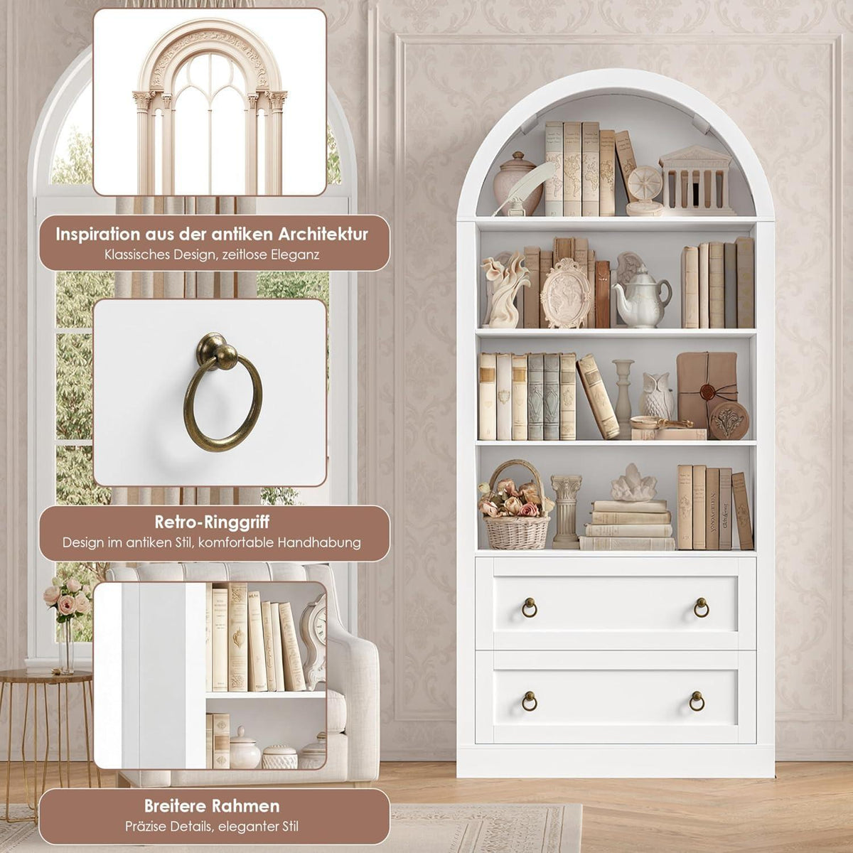 Bücherregal mit 2 Schubladen & Gewölbe – Weißes Hochschrank Möbel