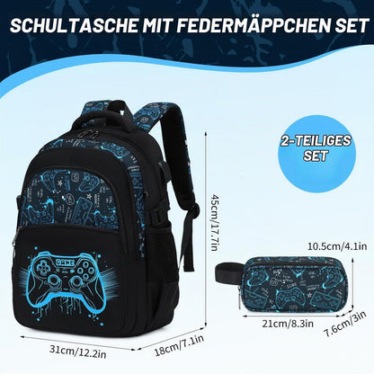 Schulrucksack Jungen Set Blau Spiel – Rucksack + Federmäppchen