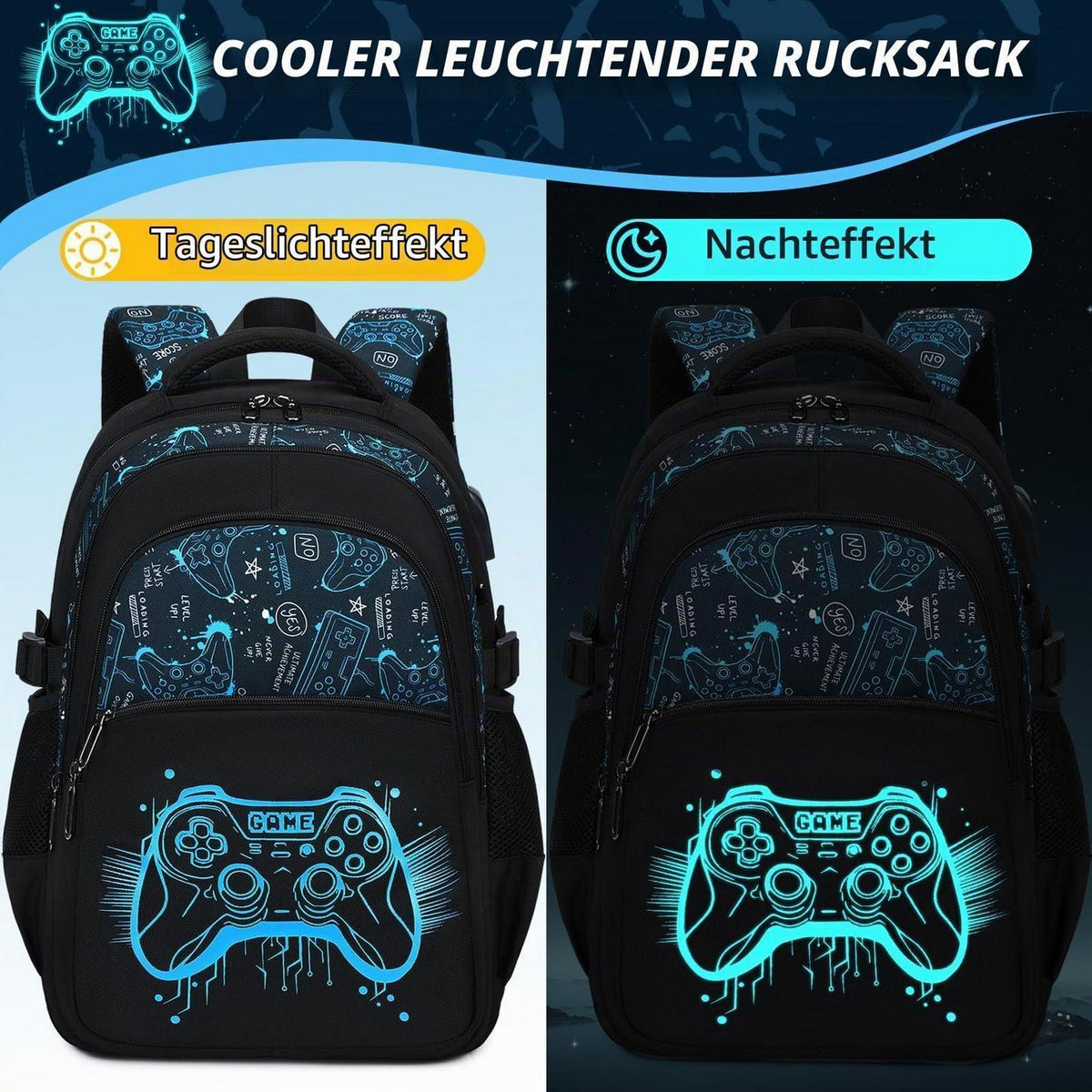 Schulrucksack Jungen Set Blau Spiel – Rucksack + Federmäppchen