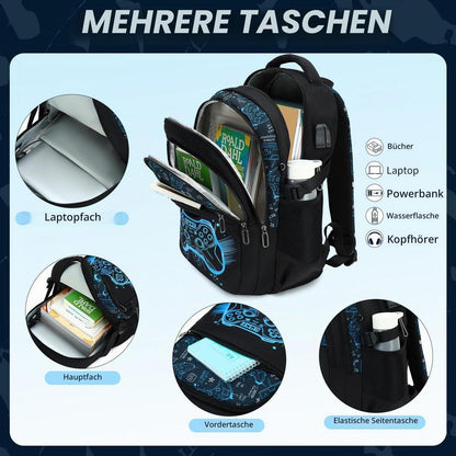 Schulrucksack Jungen Set Blau Spiel – Rucksack + Federmäppchen