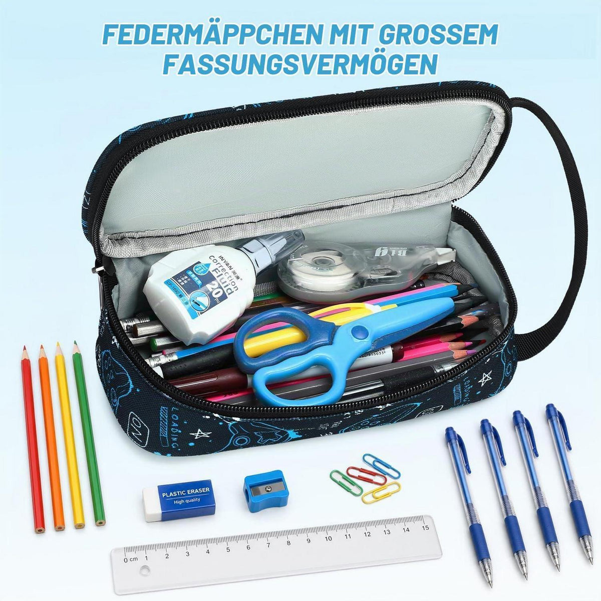 Schulrucksack Jungen Set Blau Spiel – Rucksack + Federmäppchen