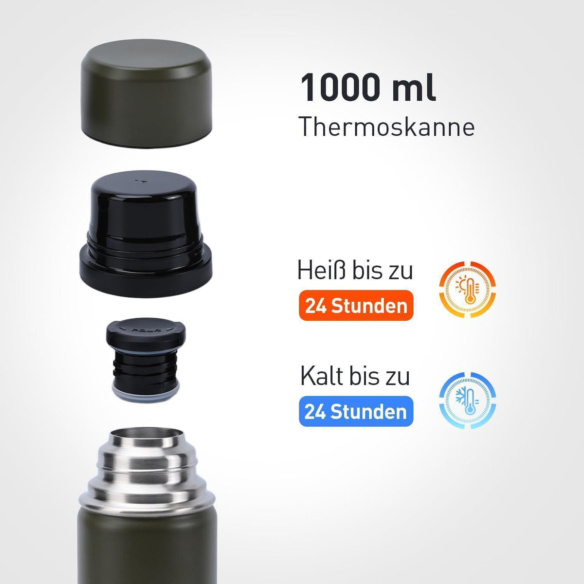 Thermosflasche Edelstahl 1000ml mit Trinkbecher, 24h Kalt/12h Heiß