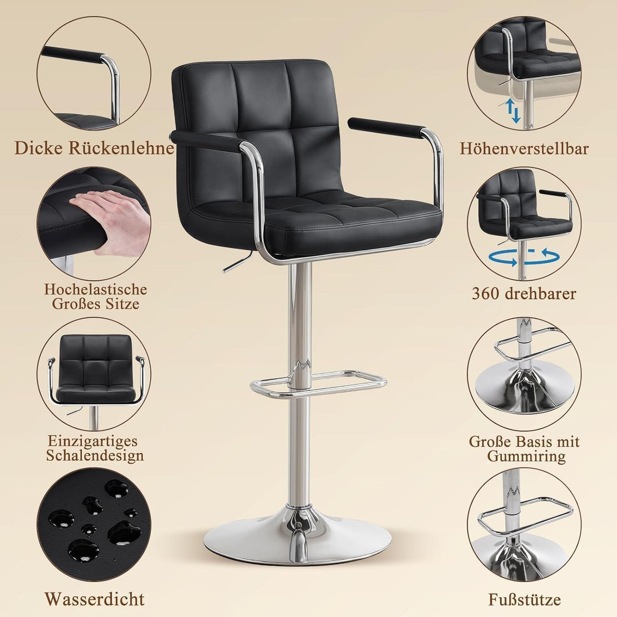 Barhocker Set 4er – Höhenverstellbar, Schwarz in Lederoptik