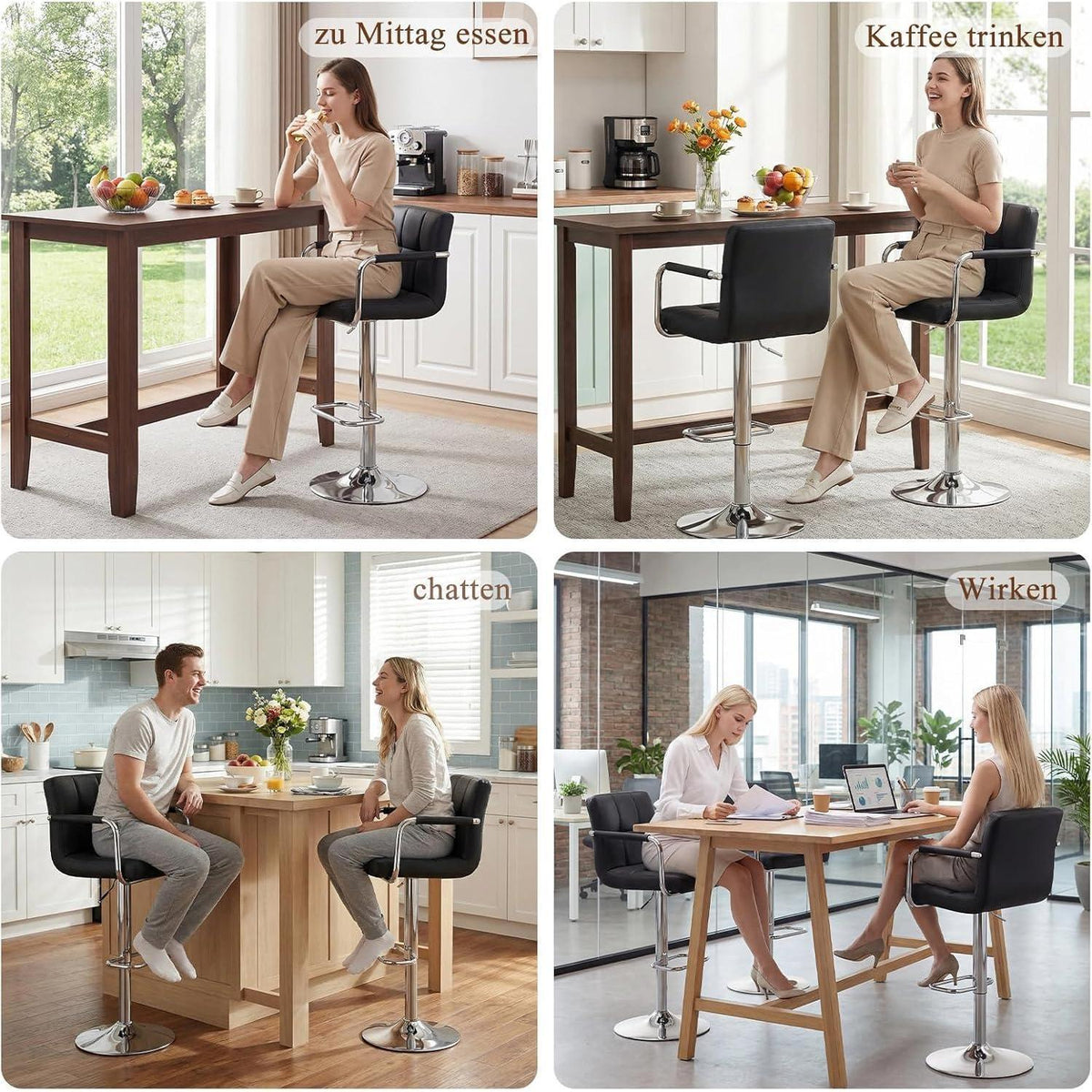 Barhocker Set 4er – Höhenverstellbar, Schwarz in Lederoptik