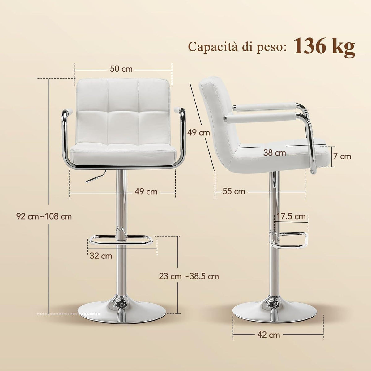 Barhocker Set 4er – Höhenverstellbar, Weiß in Lederoptik