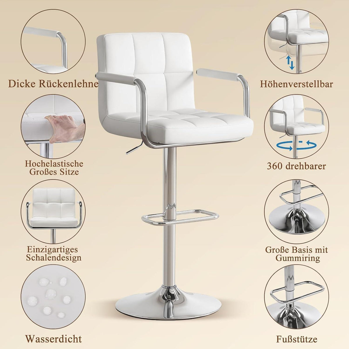 Barhocker Set 4er – Höhenverstellbar, Weiß in Lederoptik