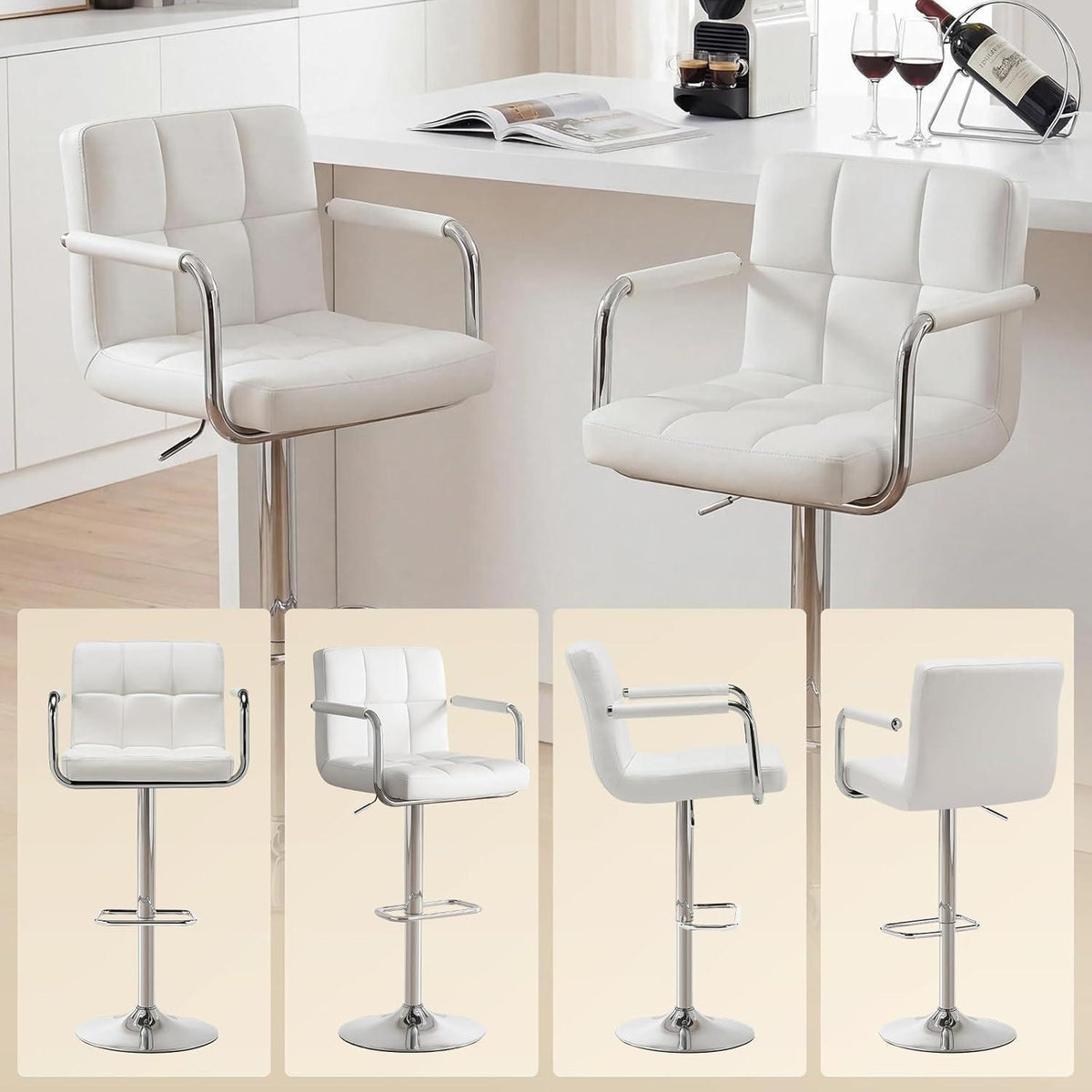 Barhocker Set 4er – Höhenverstellbar, Weiß in Lederoptik