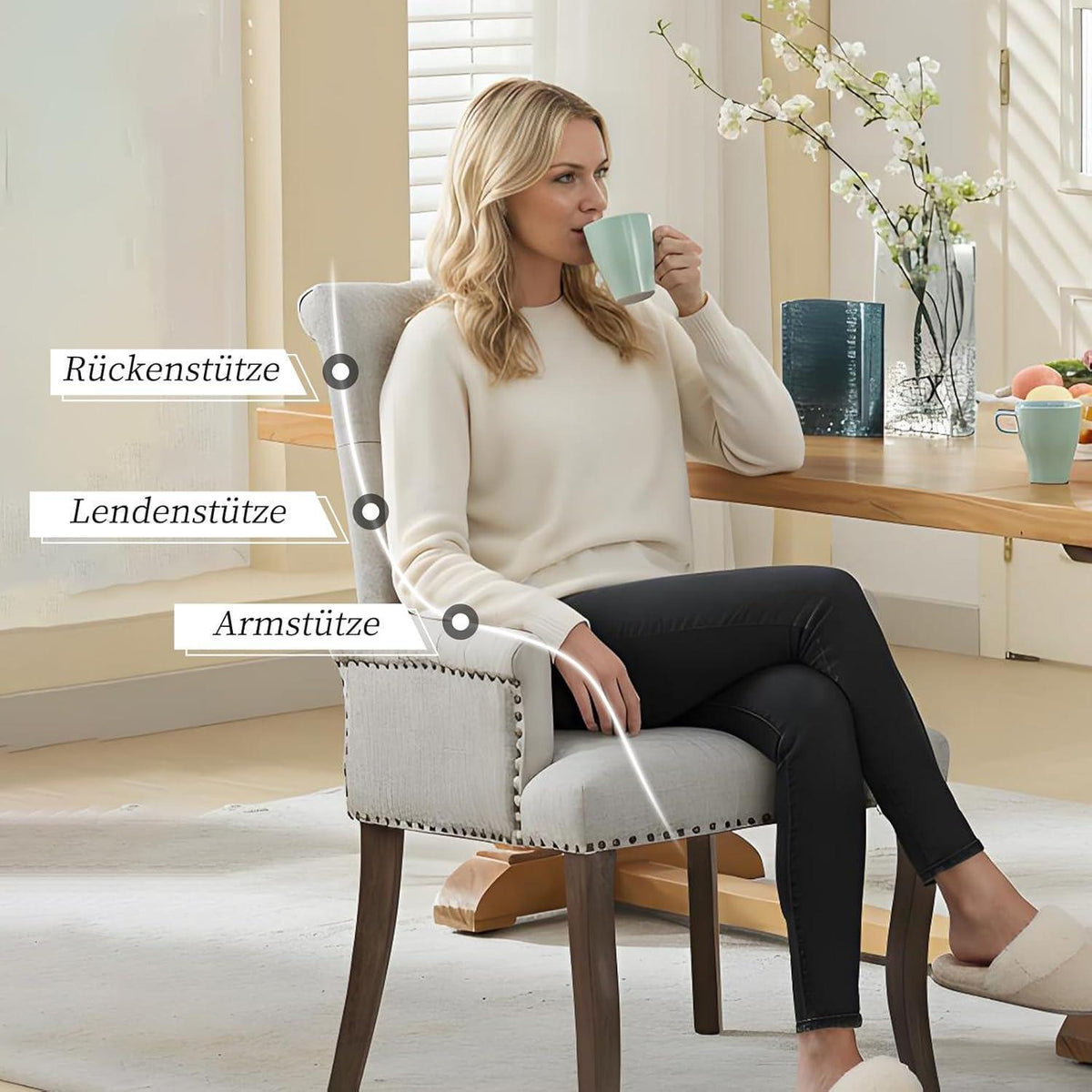 Beige Esszimmerstühle 4er-Set mit Armlehne & Chenille Polsterung