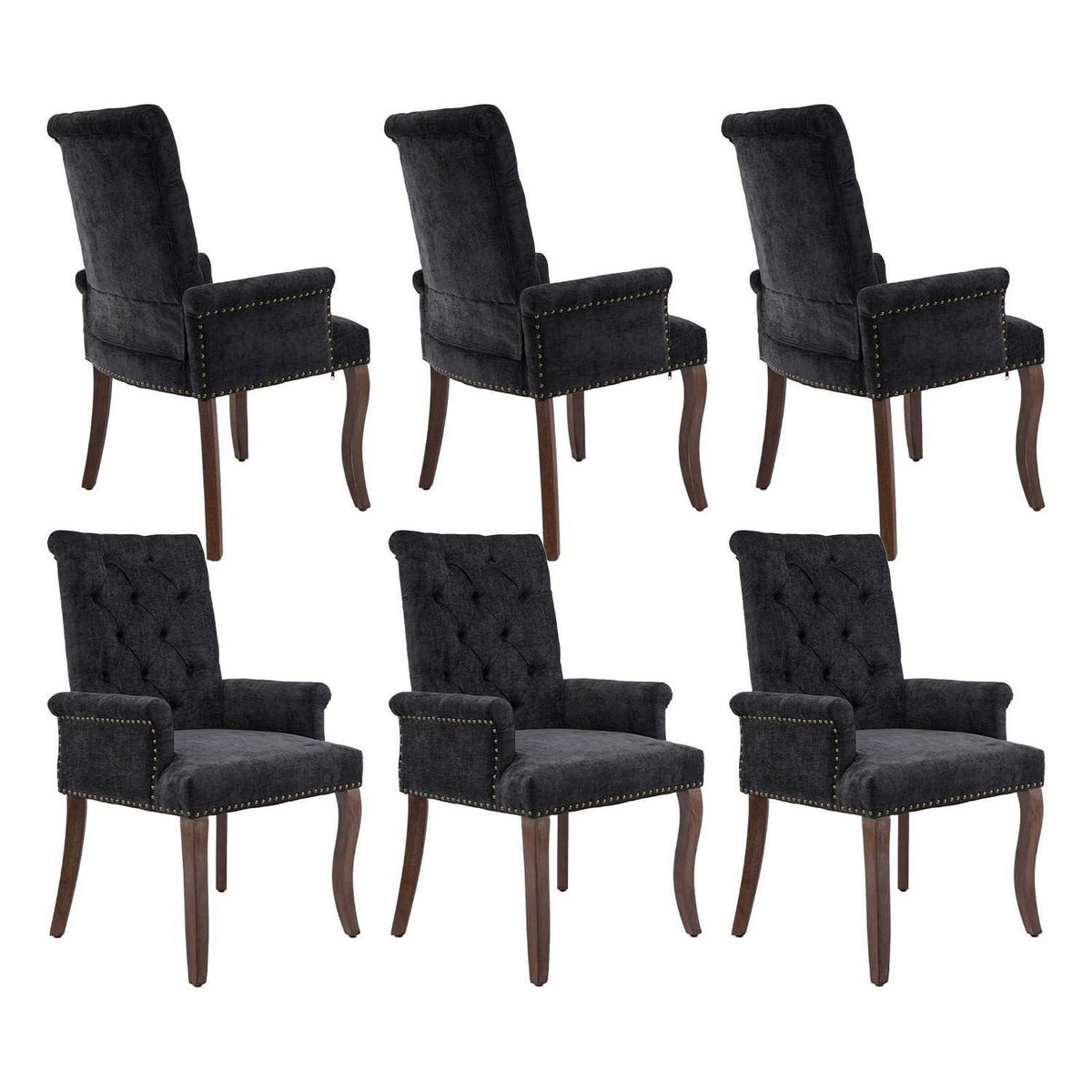 Esszimmerstühle Set 6 Schwarz mit Armlehne & Chenille Polsterung