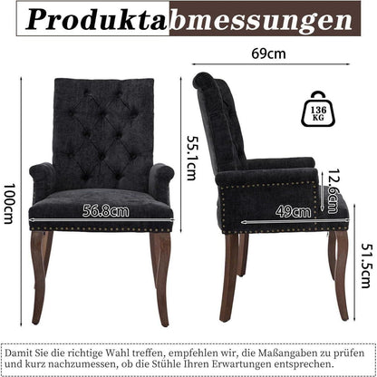 Esszimmerstühle Set 6 Schwarz mit Armlehne & Chenille Polsterung