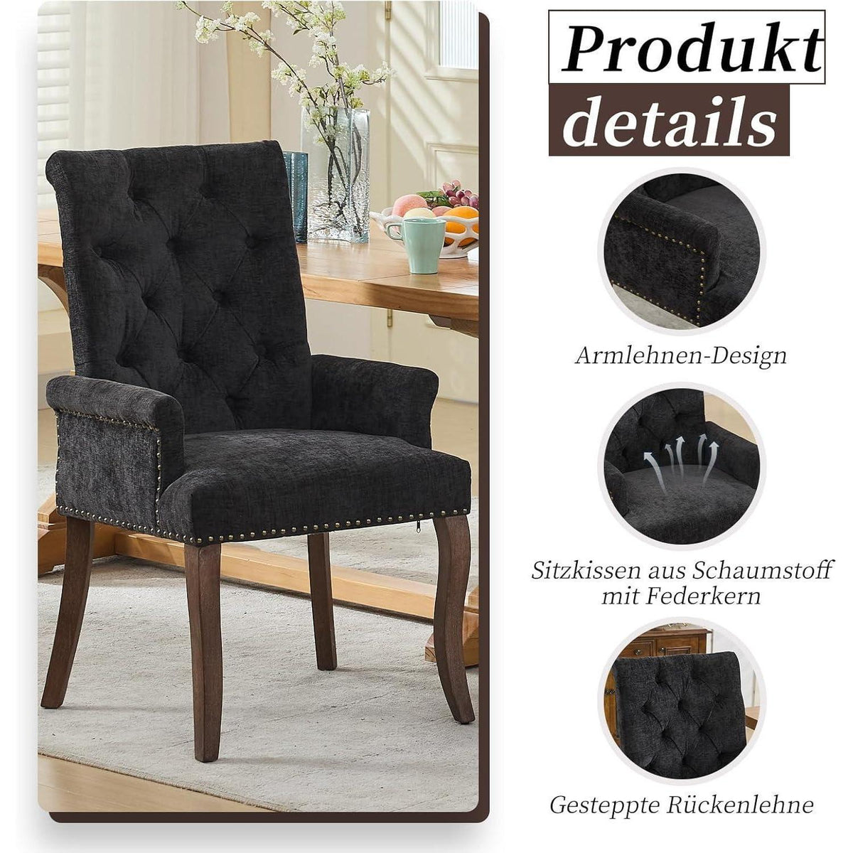 Esszimmerstühle Set 6 Schwarz mit Armlehne & Chenille Polsterung