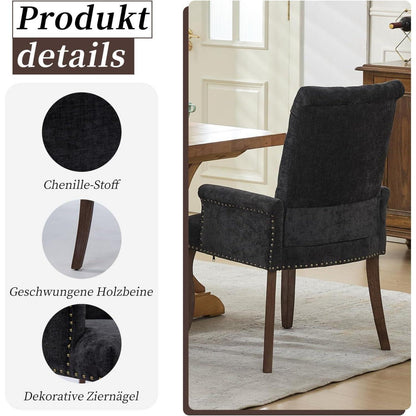 Esszimmerstühle Set 6 Schwarz mit Armlehne & Chenille Polsterung