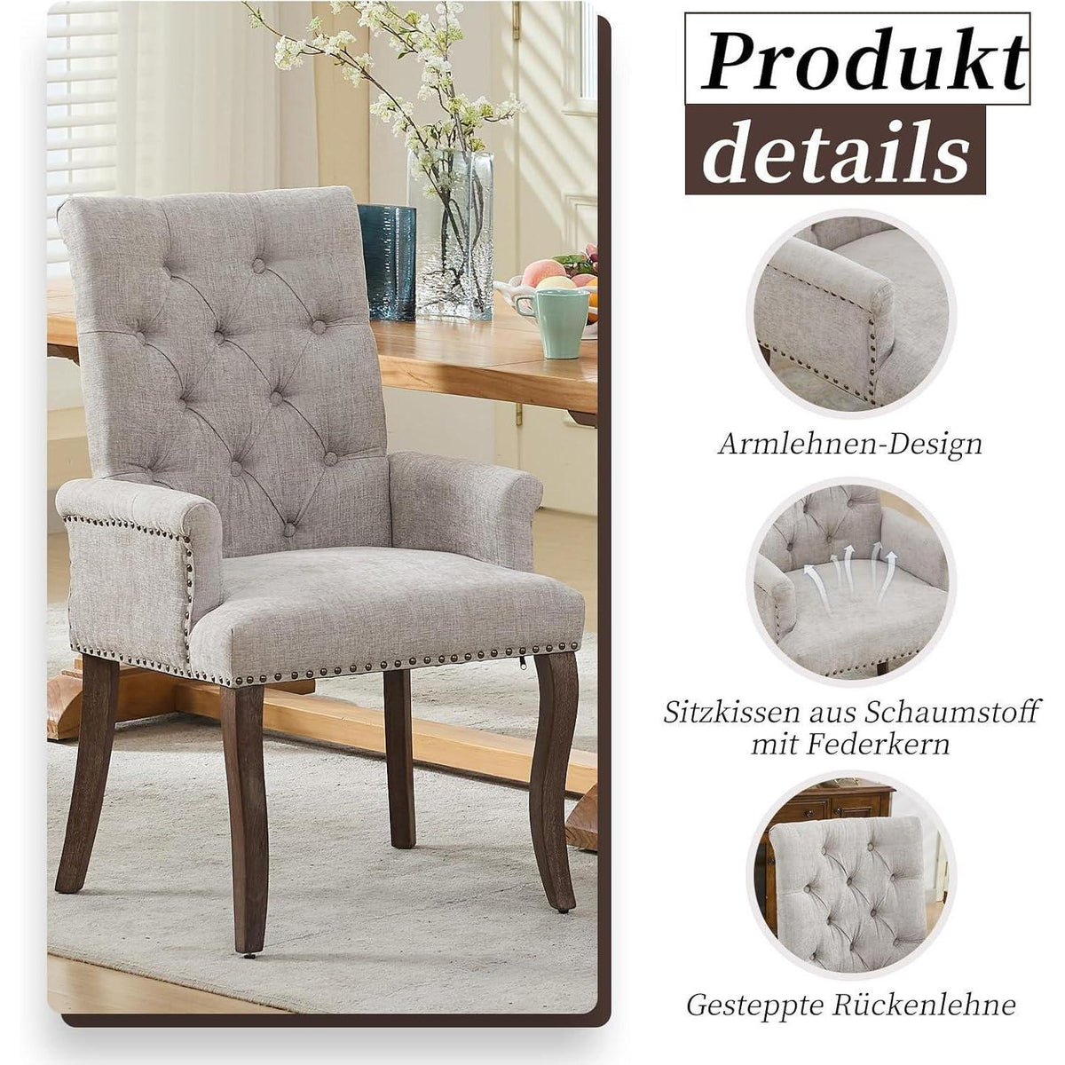 Beige Esszimmerstühle 6er Set mit Armlehne & Chenille Polsterung