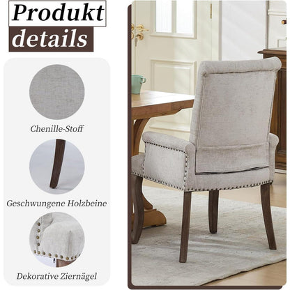 Beige Esszimmerstühle 6er Set mit Armlehne & Chenille Polsterung