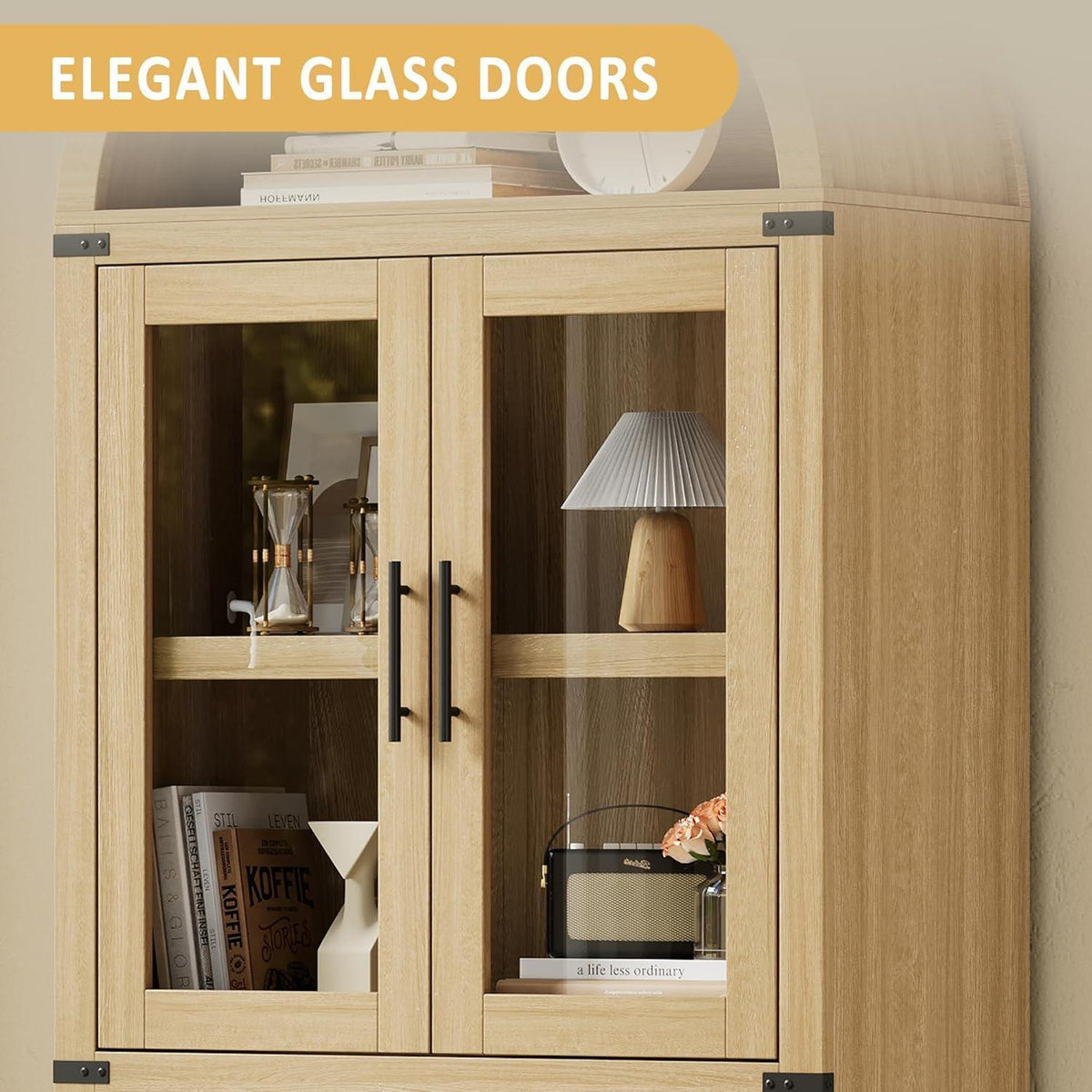 Gewölbte Glasvitrine mit 5 Regalen – Holzfarbe