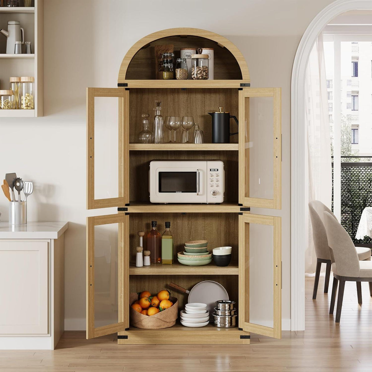 Gewölbte Glasvitrine mit 5 Regalen – Holzfarbe