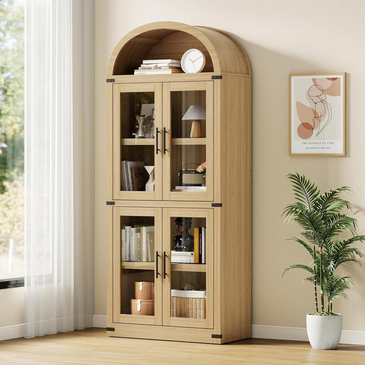 Gewölbte Glasvitrine mit 5 Regalen – Holzfarbe
