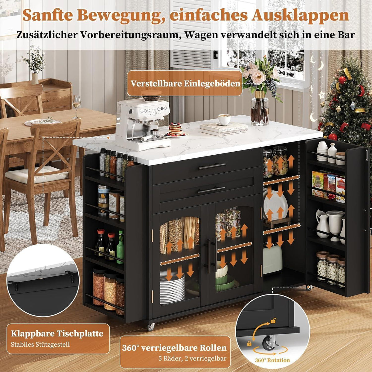 Kücheninsel Schwarz – Beweglicher Küchenwagen mit Arbeitsplatte