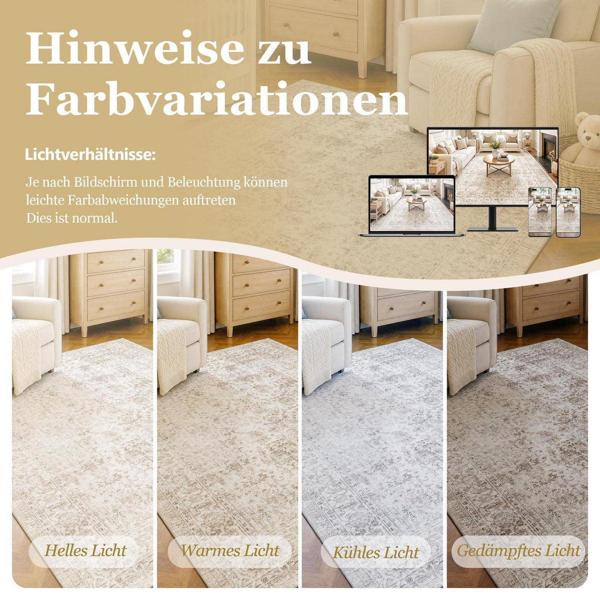 Vintage Teppich Beige 160x230 cm – Waschbar & Rutschfest