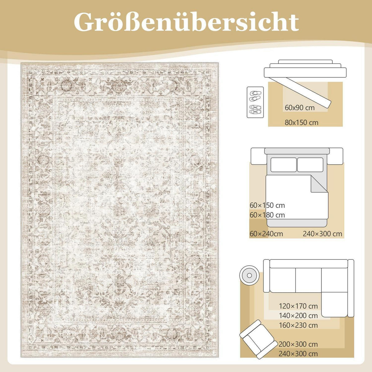 Vintage Teppich Beige 160x230 cm – Waschbar & Rutschfest