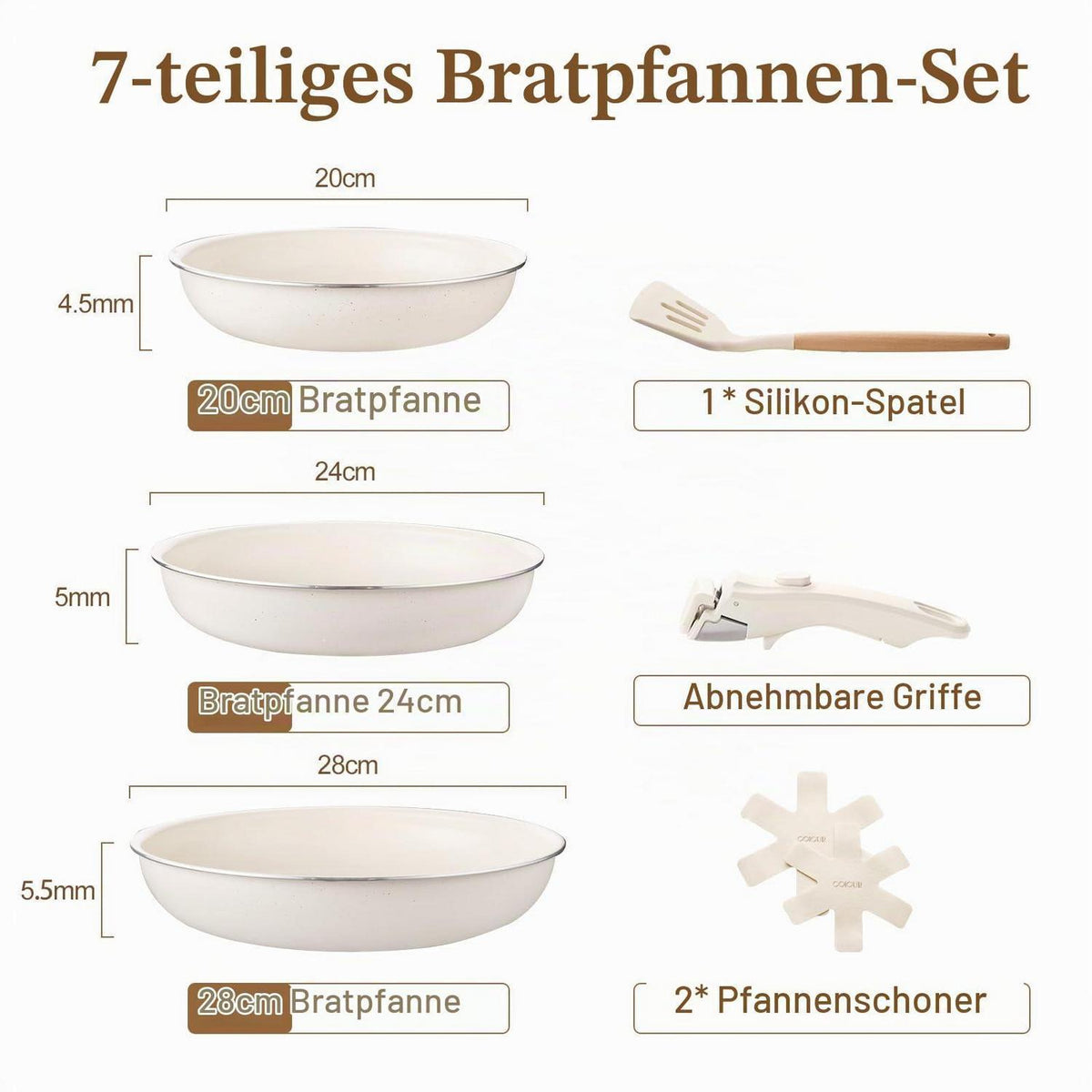 7-teiliges Pfannenset mit abnehmbarem Griff & Keramikbeschichtung