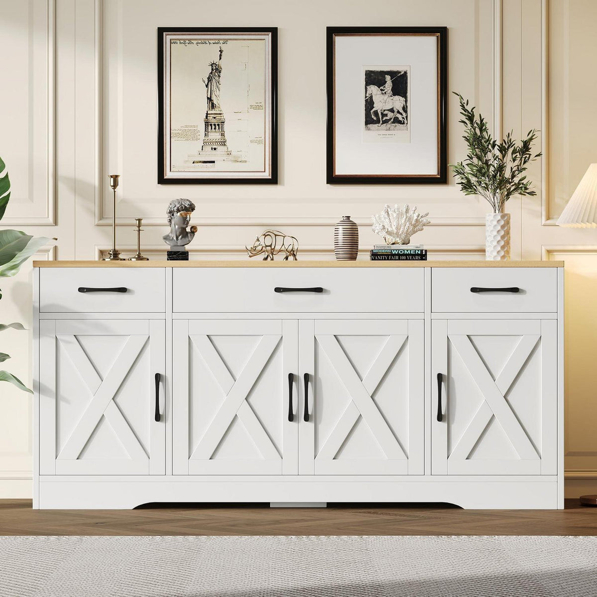 Modernes weißes Sideboard mit Holztischplatte | Multifunktionsschrank