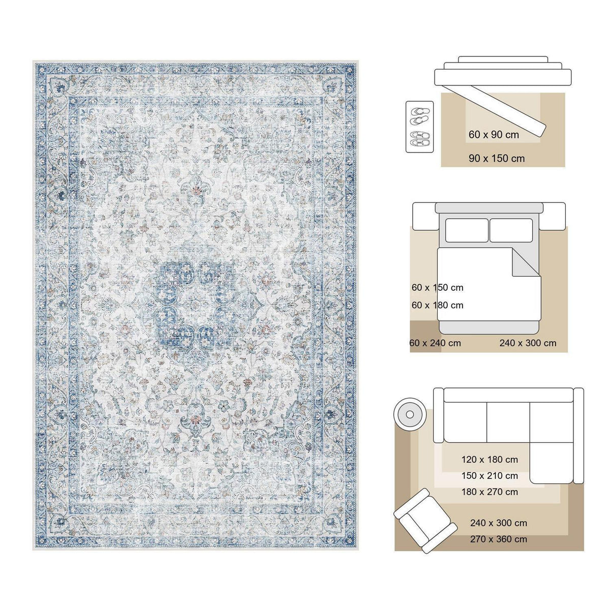 Waschbarer Läufer Blau Vintage 60x180 cm – Küchenteppich