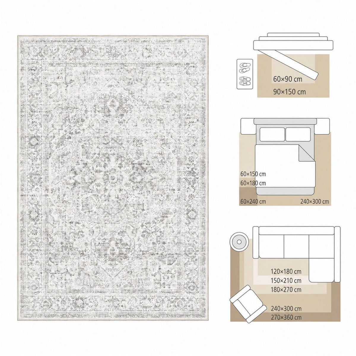 Waschbarer Vintage Teppich Grau 160x230 cm