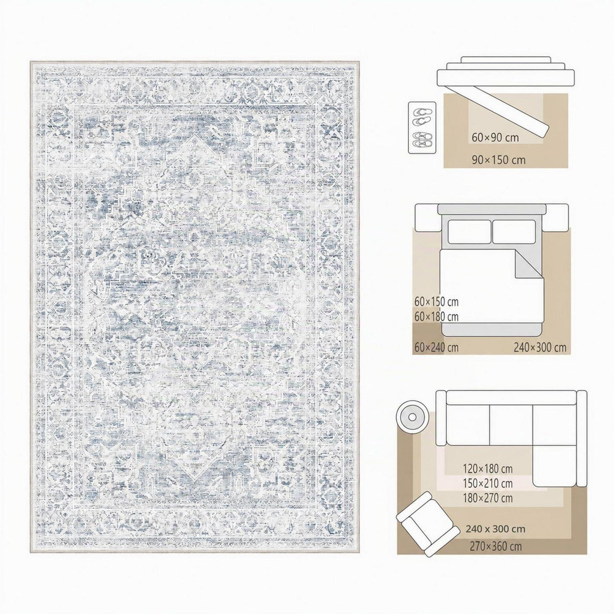 Waschbarer Vintage Teppich Blau 200x300 cm – Wohnzimmer Schlafzimmer